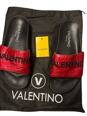 Mario Valentino Red and Black Logo Slide Sandals